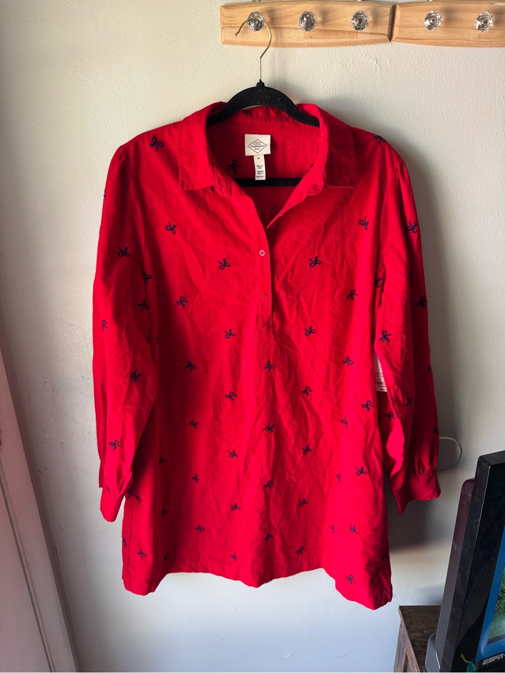 NWT St. John’s Bay Red Corduroy Bow Embroidered Shirt Dress XL Coquette